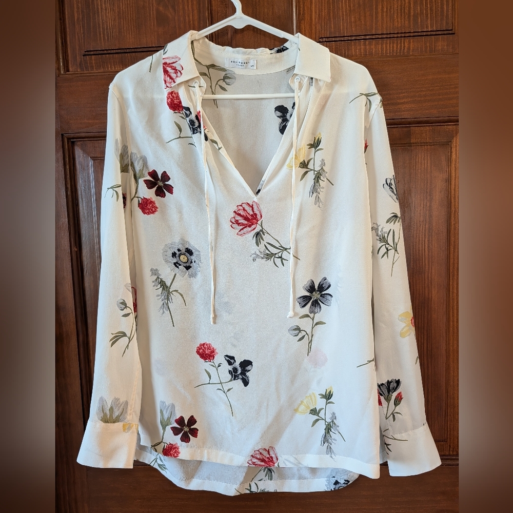 Equipment Femme Womens Floral 100% Silk White Blouse Small Tie Neck Office Work